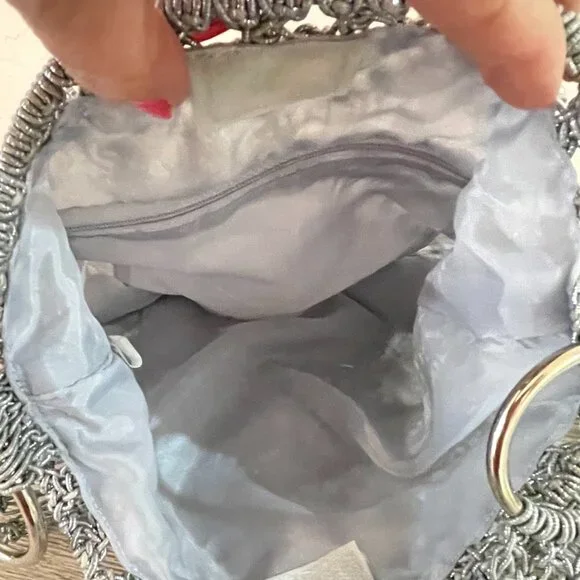 Crossbody Bag Macrame Crochet Beaded Fringe Silver Purse - Picture 8 of 9